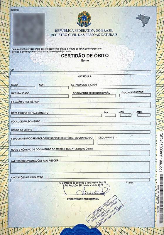 Certidão de Óbito Atualizada (Em Papel)